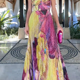 Vestido maxi plisado de tirantes finos con estampado floral y cintura entallada