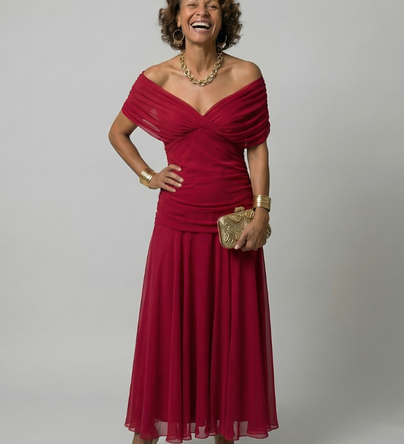 Calen™ | Vestidos midi fluidos de hombro descubierto