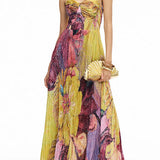 Vestido maxi plisado de tirantes finos con estampado floral y cintura entallada