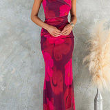 Vestido maxi ceñido de un solo hombro con malla y estampado floral
