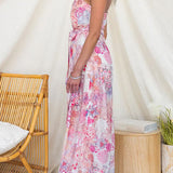 Vestido sin tirantes de estampado floral con lazo en la cintura y abertura en la pierna, de pierna ancha
