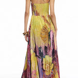 Vestido maxi plisado de tirantes finos con estampado floral y cintura entallada