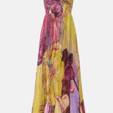 Vestido maxi plisado de tirantes finos con estampado floral y cintura entallada