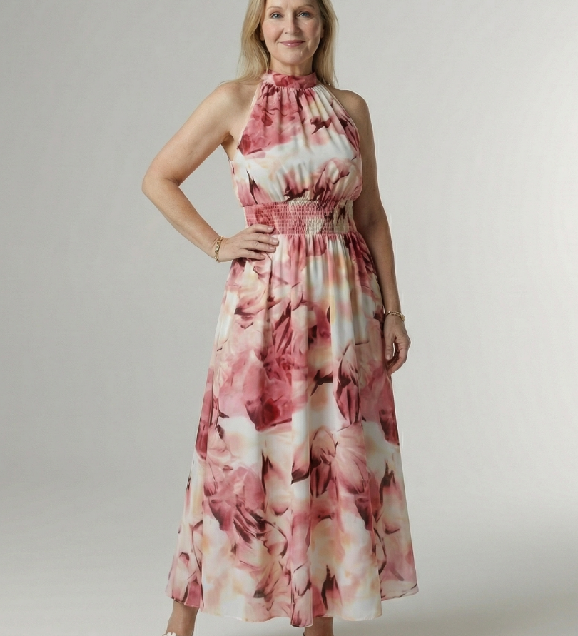 Sylin™ | Vestido midi fruncido con cuello halter