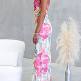 Vestido maxi ajustado de un solo hombro con estampado floral y frunces