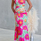 Vestido maxi drapeado de un solo hombro, sin mangas, con estampado floral