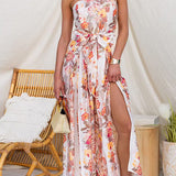 Vestido sin tirantes de estampado floral con lazo en la cintura y abertura en la pierna, de pierna ancha