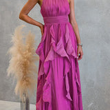 Vestido maxi de cuello halter con cintura entallada y volantes