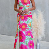 Vestido maxi drapeado de un solo hombro, sin mangas, con estampado floral