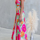 Vestido maxi drapeado de un solo hombro, sin mangas, con estampado floral