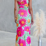 Vestido maxi drapeado de un solo hombro, sin mangas, con estampado floral