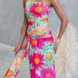 Vestido maxi drapeado de un solo hombro, sin mangas, con estampado floral