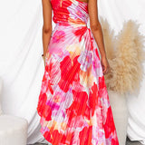 Vestido maxi plisado asimétrico de un solo hombro con estampado
