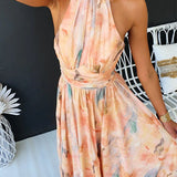 Vestido maxi con escote halter y espalda descubierta, cintura entallada, estampado en acuarela