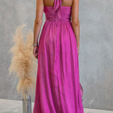 Vestido maxi con escote halter y volantes de caída fluida