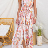 Vestido sin tirantes de estampado floral con lazo en la cintura y abertura en la pierna, de pierna ancha