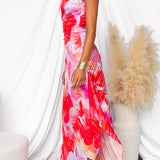 Vestido maxi plisado asimétrico de un solo hombro con estampado