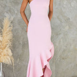 Vestido maxi ceñido de un solo hombro con dobladillo irregular y volantes