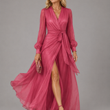 Beatrice™ | Elegante vestido largo de chiffon con escote en V y lazo en la cintura