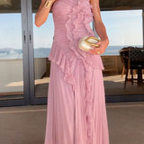 Margovil Vestido Maxi Plisado con Tirantes y Cuello Halter, Ribete de Volantes y Dobladillo Asimétrico