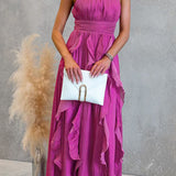 Vestido maxi de cuello halter con cintura entallada y volantes