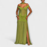 Nicole - Vestido maxi con escote en V verde oliva