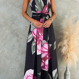 Vestido sin tirantes con cintura anudada, pierna amplia y estampado floral