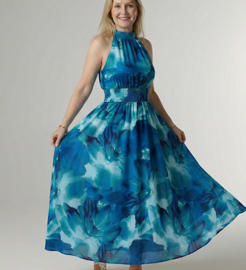 Sylin™ | Vestido midi fruncido con cuello halter