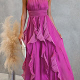 Vestido maxi con escote halter y volantes de caída fluida