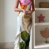 Vestido maxi estampado floral de un solo hombro, con drapeado lateral, volante y abertura