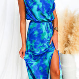 Vestido maxi estampado floral de un solo hombro con cintura atada y abertura