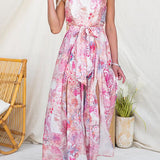 Vestido sin tirantes de estampado floral con lazo en la cintura y abertura en la pierna, de pierna ancha