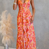 Vestido maxi tipo cami con espalda descubierta, recortes, estampado floral, volante y abertura lateral