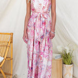 Vestido sin tirantes de estampado floral con lazo en la cintura y abertura en la pierna, de pierna ancha