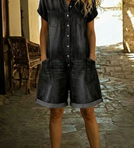 Elvora™ | Mono de denim con cuello y mangas cortas