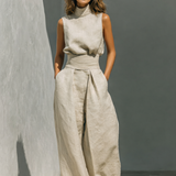 Maria™ | Conjunto de camiseta de tirantes y pantalones anchos de algodón y lino minimalista para mujer