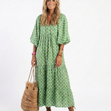 Apolline™ | Vestido midi estampado de manga tres cuartos con escote en V