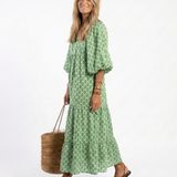 Apolline™ | Vestido midi estampado de manga tres cuartos con escote en V