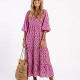 Apolline™ | Vestido midi estampado de manga tres cuartos con escote en V
