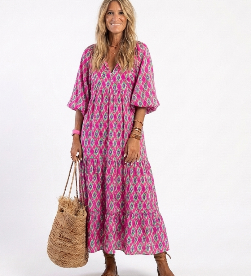 Apolline™ | Vestido midi estampado de manga tres cuartos con escote en V