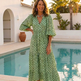 Apolline™ | Vestido midi estampado de manga tres cuartos con escote en V