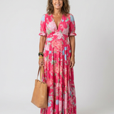 Ione™ | Vestido midi de manga corta con escote en V y estampado floral