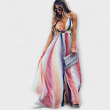 Vestido de mujer a rayas multicolor con escote en V
