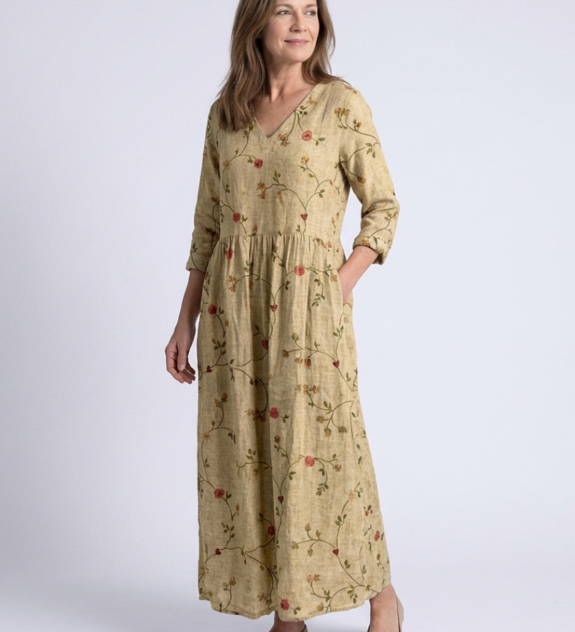 Marina™ | Vestido maxi floral con escote en V y mangas tres cuartos