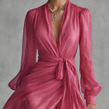 Beatrice™ | Elegante vestido largo de chiffon con escote en V y lazo en la cintura