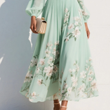 Anastasia™ | Vestido midi de gasa con escote en V y estampado floral verde claro