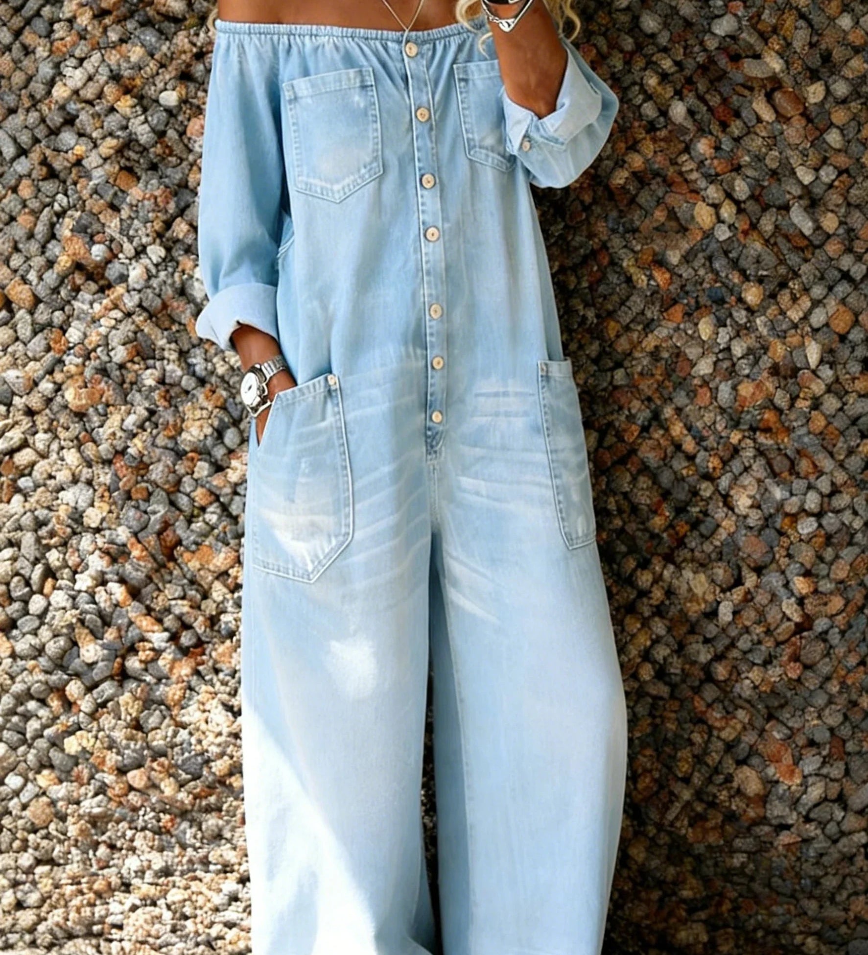 Noa™ | Mono de denim con escote de hombro descubierto