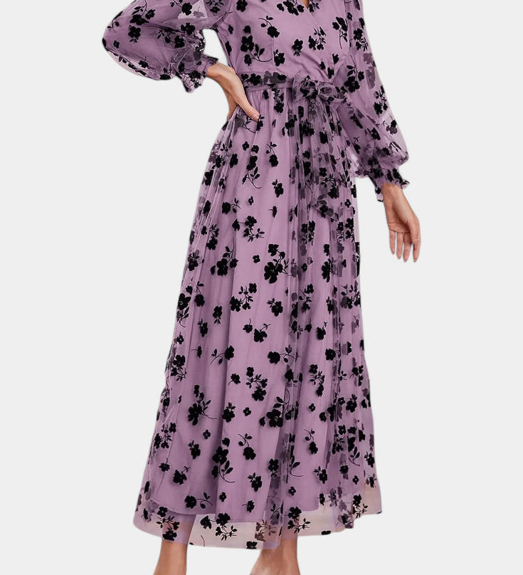 Iolanda Vestido Maxi de Encaje Floral con Mangas de Linterna