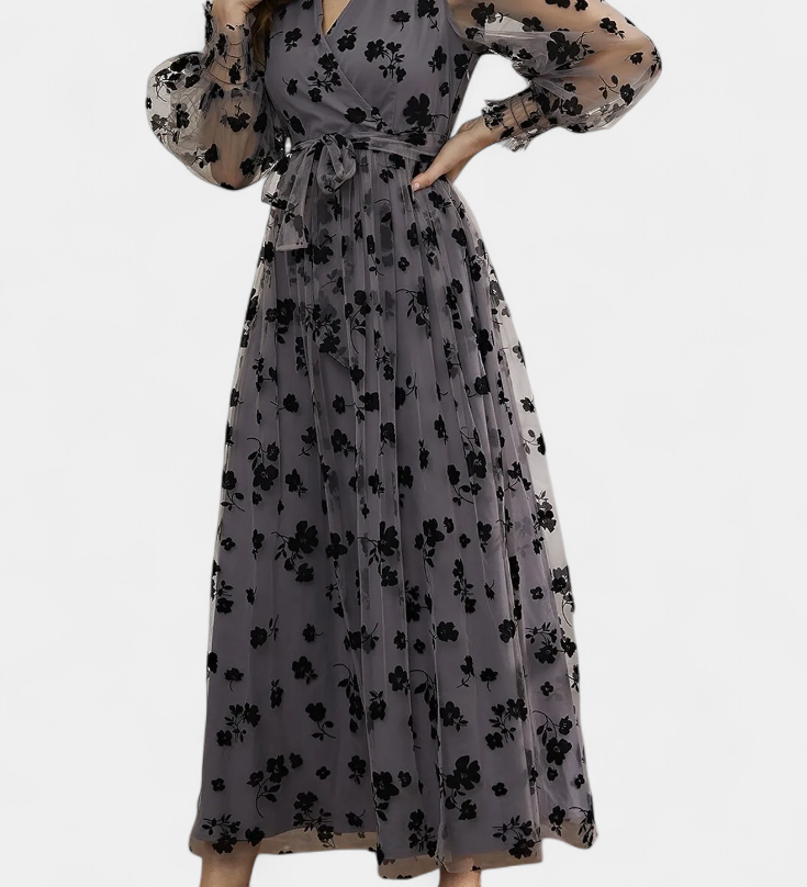 Iolanda Vestido Maxi de Encaje Floral con Mangas de Linterna